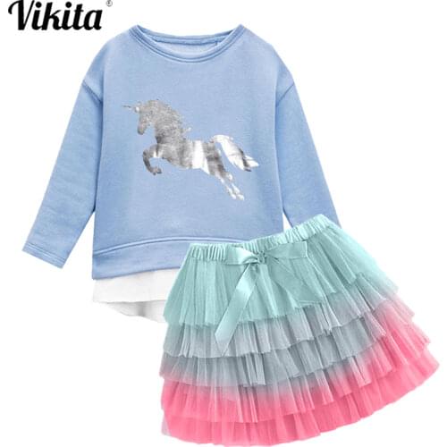 VIKITA Girls Clothing Sets Children Cartoon Unicorn Tops Tees + 5 Layered Tutu Skirts Chilidren Autumn Spring Clothing Outfits