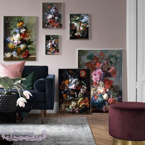Bouquet of Flower Poster and Print Vintage Dark Canvas Painting Wall Art Picture for Living Room Modern Home Decoration