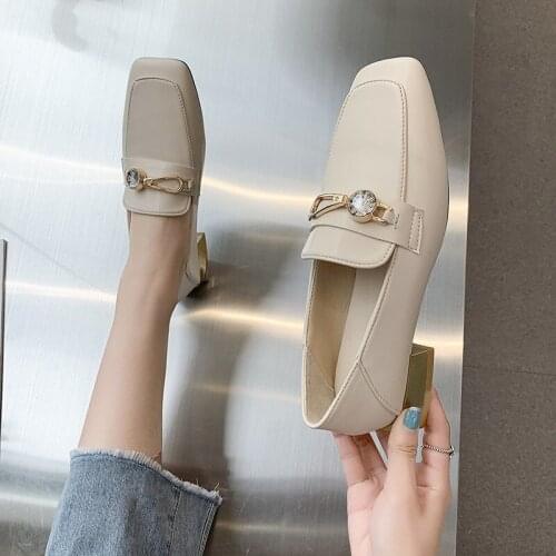 Womens Small Leather Shoes Light Shoes Low-heel Casual Shoe Spring Square Heel Shoes Buckle Womens Flat Shoes