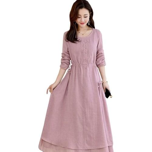 Female Plus size Loose Cotton Linen Long Dress Fashion Women Spring Retro Dresses Temperament Waist Slim Lady Summer Dress OK777