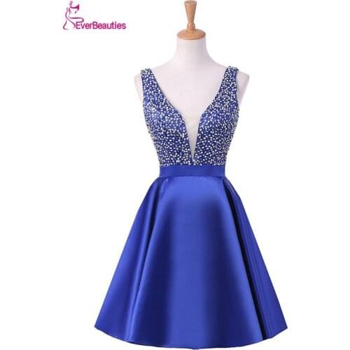 Knee-length Prom Dresses 2020 Satin Top Beaded Backless Abiye Vestidos De Graduacion Sexy V Neck Vestido De Formatura