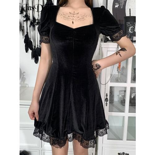 InsDoit Mall Gothic Velvet Summer Mini Dresses Women Vintage Punk Grunge Lace Sexy Dress Harajuku Aesthetic Elegant Party Dress