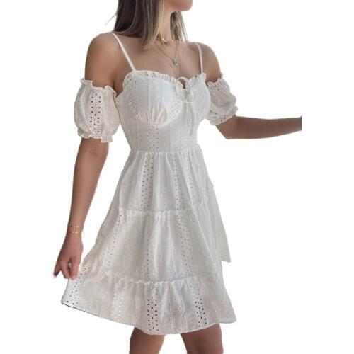 White Womens Dress Beach festoon fabric Vestidos Woman Dresses Summer Clothes For Dress Off Shoulder Strap Scalloped