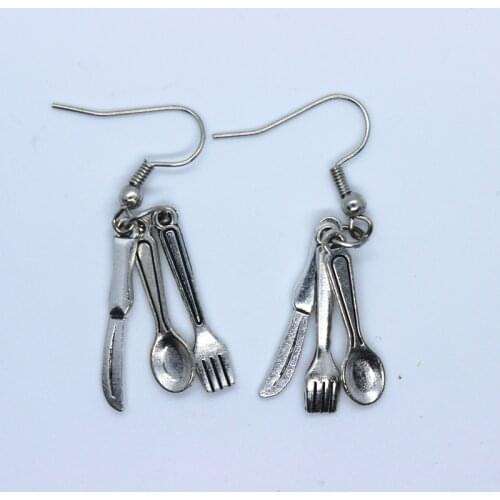 1 Pair Antiqued Silver Color Zinc Alloy Mini Knife Fork Spoon Earrings Cute Style Fashion Ear Jewelry For Women New