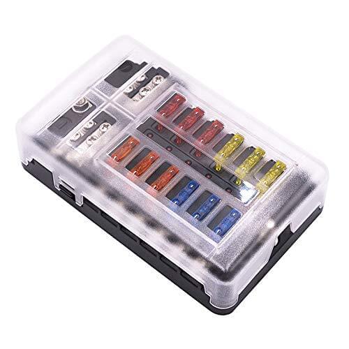 12-Way Blade Fuse Block with Negative Bus Fuse Box Holder with LED light Damp-Proof Protection Cover Sticker Car Truck RV VAN
