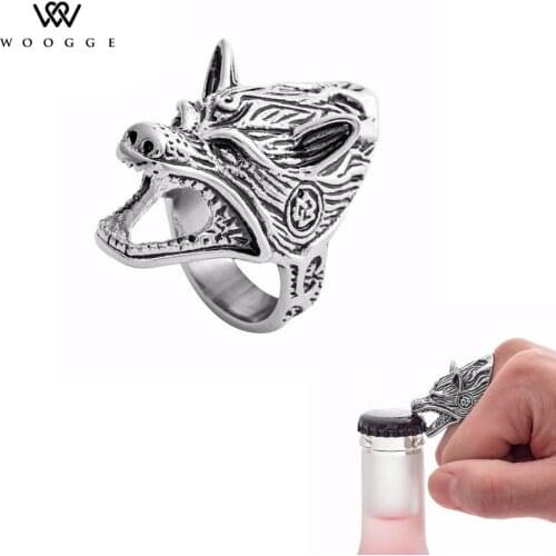 2018 Fashion Biker Jewelry Unique Design Norse Viking Wolf Ring Bottle Opener Bague Femme Stainless Steel Rings For Women Men