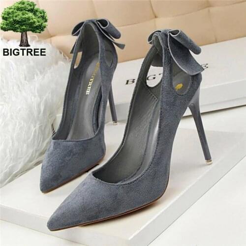 BIGTREE Size 34-39 Sexy Cut-Outs Sweet Bowtie Women Pumps Concise Solid Flock Pointed Toe Shallow High Heels Shoes for Women