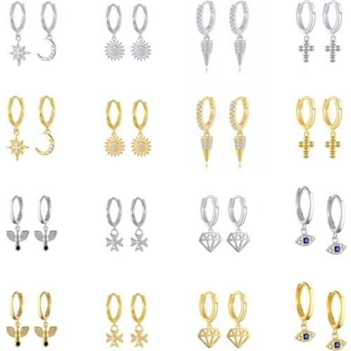 BOAKO 925 Sterling Silver Cubic Zirconia Sun Moon Star Pendant Hoop Earrings For Women Evil Eyes Butterfly Cactus Huggie Earring