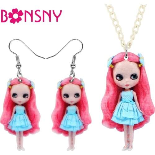 Bonsny Acrylic Blue Dressed Girl Doll Jewelry Sets Sweet Cartoon Toy Necklace Earrings For Women Girls Party Birthday Gift Charm