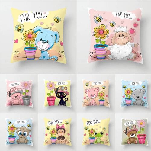 Cut Bear Cat Frog Print Lovers Cushion Cover Cotton Linen Throw Pillow Case Pillowcover Home Sofa Decorative Pillowcase TP126