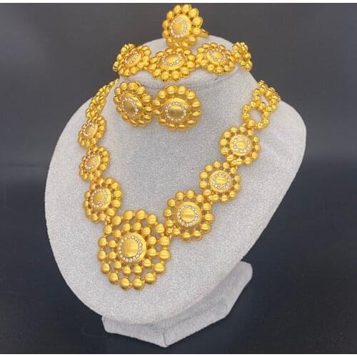 Dubai Jewelry Sets for Women AfricanCollar 24k Gold Necklace Bracelet earrings ring set jewelry Ethiopian Round Wedding Gifts