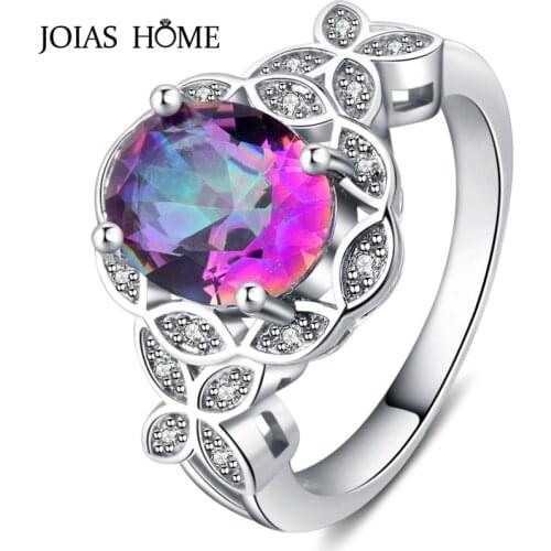 JoiasHome Classic Women Silver Ring With 8mm Round Shape Fire Rainbow Stone Oval Topaz Finger Jewelry Rings Wedding Party Gift