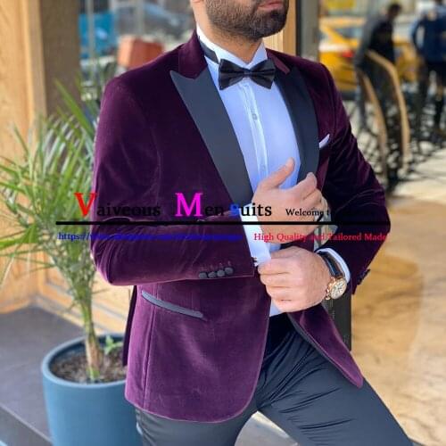 Purple Velvet Wedding Men Suits 2 Pieces (Jacket+Pants) Fashion Latest Design Terno Masculino Groom Prom Blazer Male Clothes Set
