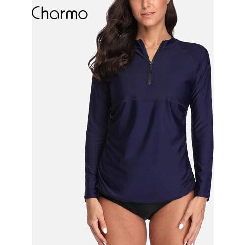 Charmo Swimsuit Swimwear Rash Guard Women Shirts Long Sleeve Rashguard Top Side Bandaged Surf Top Diving Shirt UPF 50