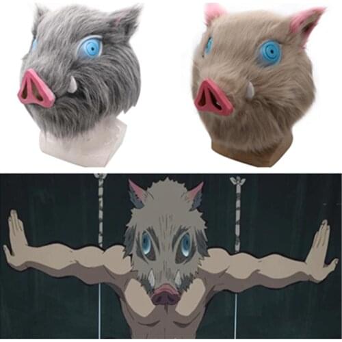 Anime Demon Slayer Mask Cosplay Costumes Props Hashibira Inosuke Pig Head Plush Helmet Party Halloween Wild Boar Gift