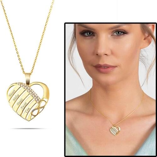 Tesbihane Zircon Cubic Zirconia Heart Design Personalized Names Written Gold Color 925 Sterling Necklace