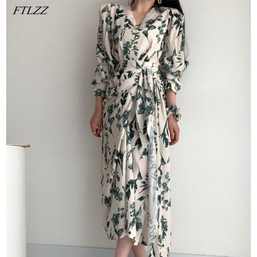 FTLZZ New Spring Autumn Women Elegant V-neck Sash Tie Up Floral Print Dress Vintage Casual Long Sleeve Seaside Beach Dress
