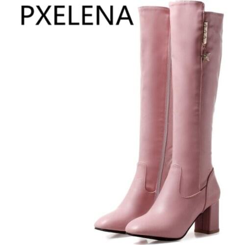 PXELENA Women Knee High Boots Chunky Block High Heels Crystal Side Zipper Round Toe Long Riding Boots Female Shoes Comfort 34-43
