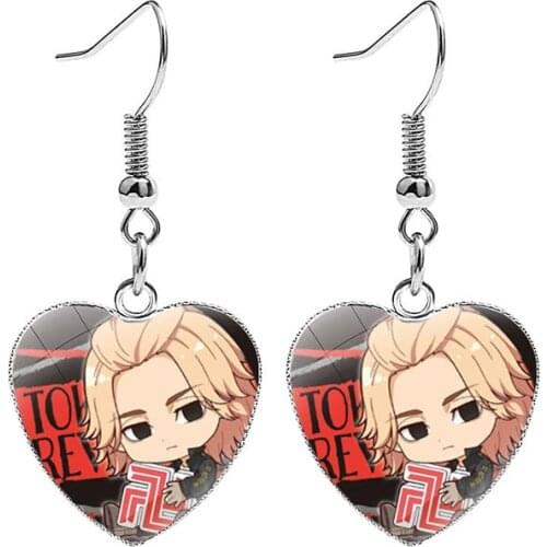 Anime Tokyo Revengers Dangle Earrings Manjiro Ken Takemichi Hinata Atsushi Chibi Heart Shape Glass Cabochon Jewelry Gifts