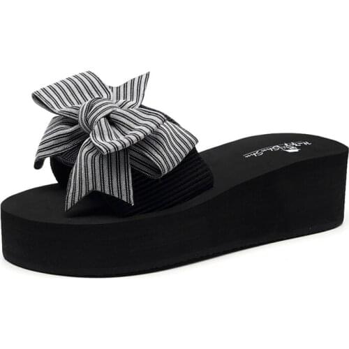 Summer Womens Shoes Bow-Knot Design Thick-Soled Seaside Non-Slip Outdoor Fashion High-Heeled Flip-Flops All-Match Beach Sandals