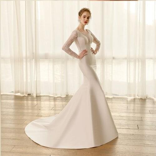 SL-8150 princess satin wedding dress mermaid illusion long sleeve bridal dresses beaded belt crystal lace wedding gown plus size
