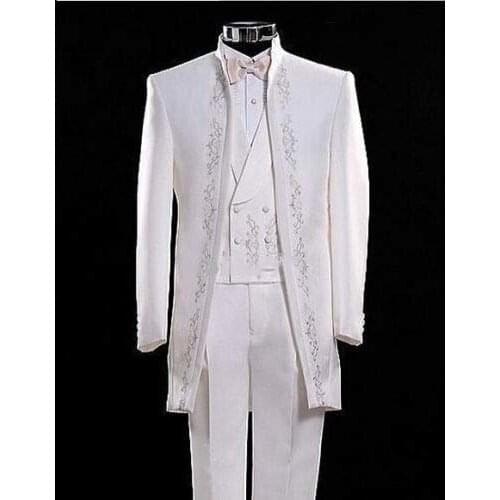 2020 Custom Made Slim Fit Embroidery Groomsmen Tuxedos (Jacket+Pants+Vest) Groom Wedding Men Suit Set Prom Mens Suits Blazers