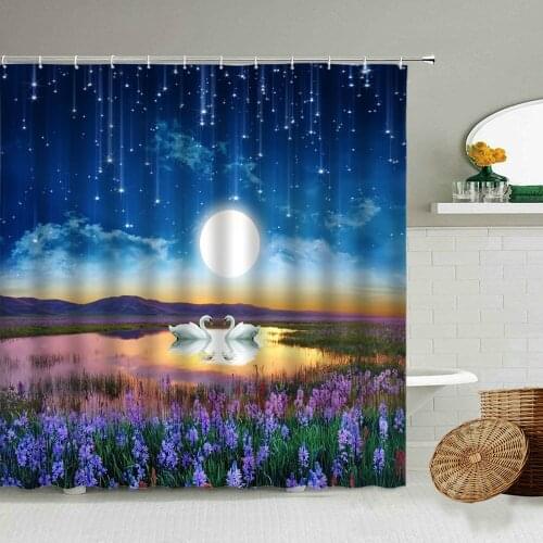 White Swan Waterproof Shower Curtain Couple Romantic Pastoral Lavender Flowers Bathroom Accessories With Hook Screen Washable