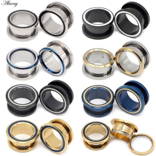 Alisouy 2pc Stainles Steel Ear Plugs Tunnel Flesh Ear Gauges Hollow Piercings Ear Tunnels Expanders Mixed Color Body Jewelry
