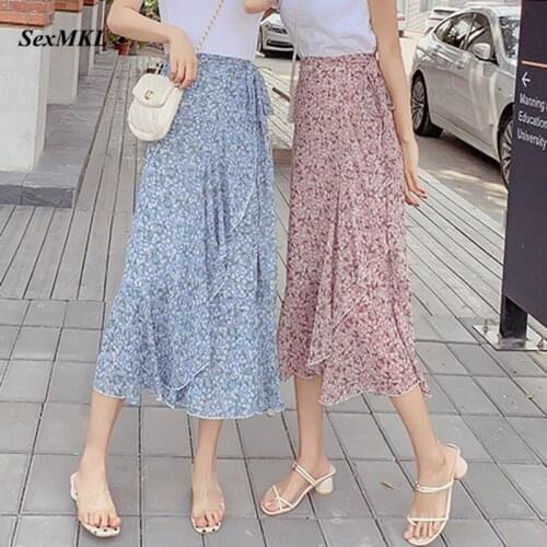 Floral Print Summer Long Skirts Women 2021 Fashion High Waist Ruffles Chiffon Wrap Skirt Friends Sexy Y2k Mid Length Maxi Skirt
