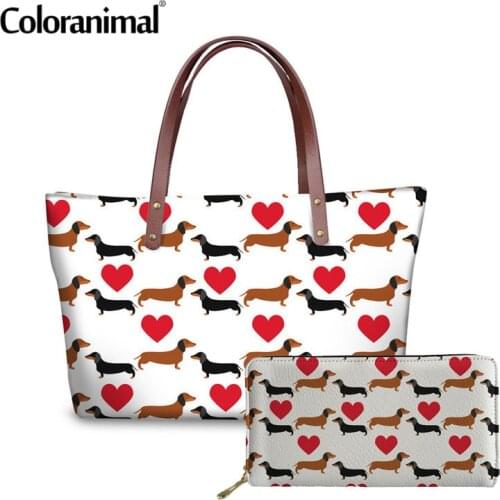 Coloranimal Dachshund Dog Women Large Capacity Handbag 3D Animal Print Brand Design 2Pcs Set Shoulder Bag Lady Leather PU Wallet