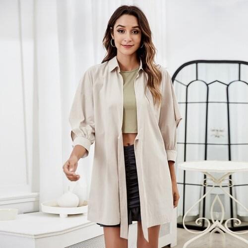 Women Trench Coats Autumn Turn Down Collar Lace Up Sashes Three Quarter Sleeve Casual Loose Elegant Outwear Female Windbreaker