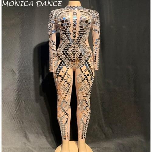 Women Sexy Stage Silver Mirrors Stone Jumpsuit Women Bar Dance Net Yarn Clothes Birthday Celebrate See Through Bodysuit