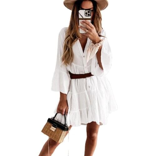 60%HOT Spring Dress V Neck Loose 4 Colors Women Ruffle Dress Hem Dress for Daily Life