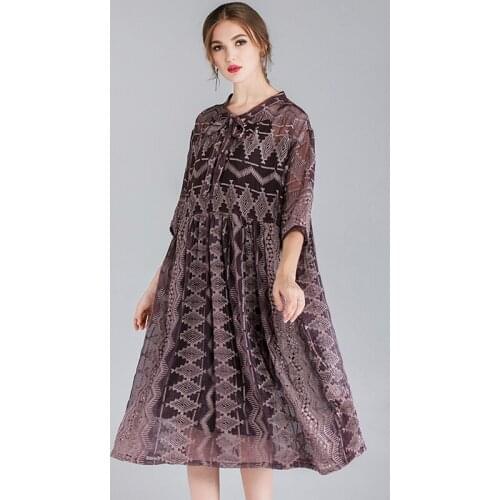 Womens fashion loose Embroidery chiffon dresses high waist casual two piece Elegant dress Mid sleeve v neck large size dress