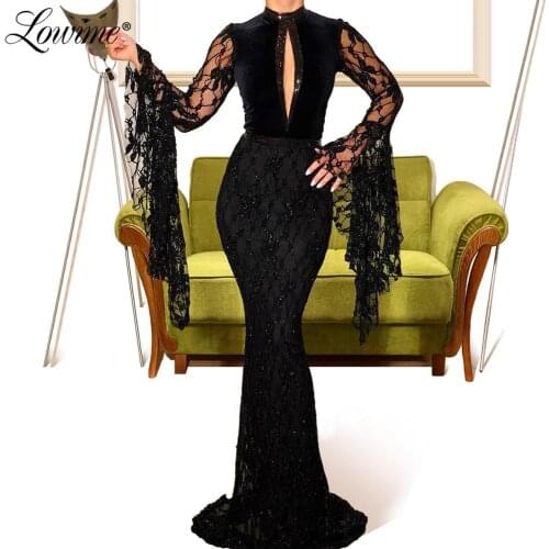 Abendkleider Black Lace Formal Evening Gowns 2020 Mermaid Dresses Woman Party Night Long Sleeves Prom Dress Robe De Soiree