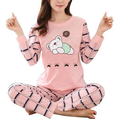 Winter Cute Cartoon Cater Print Pajamas Long Sleeve Two Piece Home Wear Women Casual O-Neck Pyjamas