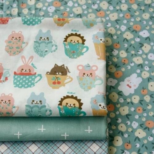 160x50cm Afternoon Tea Cake Rabbit Gray Green Twill Cotton Fabric, Making Dress Childrens Clothing Apparel DIY Cloth