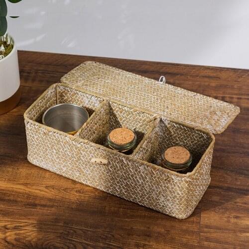 3 Grids Rattan Storage Boxes with Lid Straw Desktop Organization Storage Baskets Vintage Jewelry Cosmetic Storage Box Home Decor