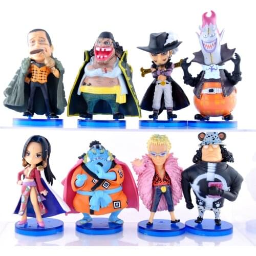 8pcs One Piece Hancock Mihawk Jinbe Action Figurines Doflamingo Crocodile Kuma Marshall Teach Moria Oka Shichibukai Model Toys