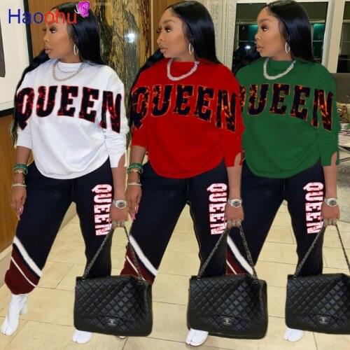 HAOOHU Active Queen Letter Elastic Sweatsuit Two 2 Piece Set for Women Fitness Outfit Sweatshirt Legging Pants Set Tracksuit