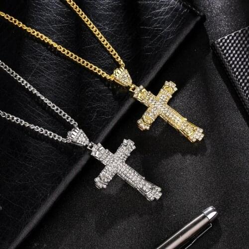 HIP HOP Jewelry Men Micro Inset Zircon Cross Crystal Pendant Necklace Jesus Punk Christian Fashion Gold Jewelry Gift
