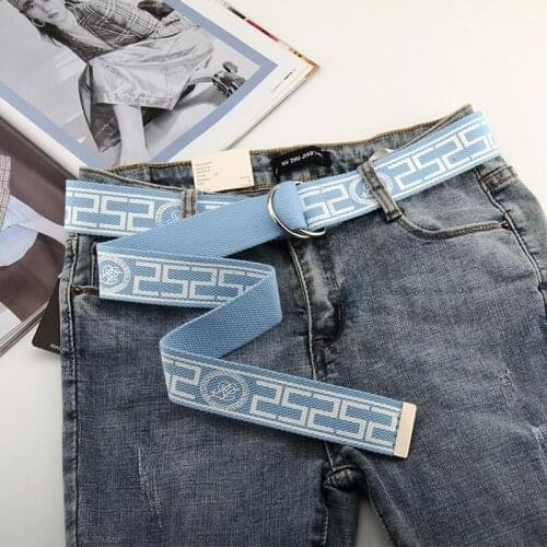 All-match D-Ring Canvas Belt Double Buckle New Fashion Printing Ins Unisex Waist Band Long Weave Belts For Men And Women Jeans