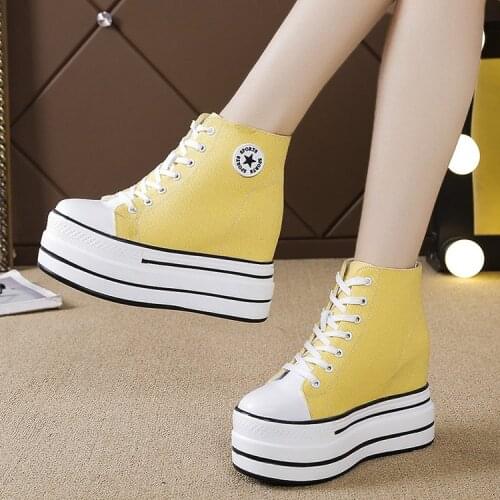Woman Platform Vulcanized Shoes 10CM Hidden Heel Height Increasing Casual Shoes Female High-top Sneakers Wedges Canvas Shoes