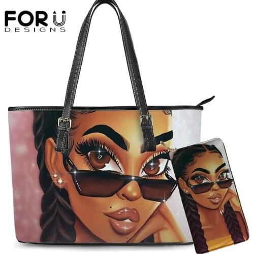 FORUDESIGNS 2pcs Handbags Set for Women Black Art Afro American Girls Printing Beach Shoulder Bags Ladies Hand Bag&Purse Female