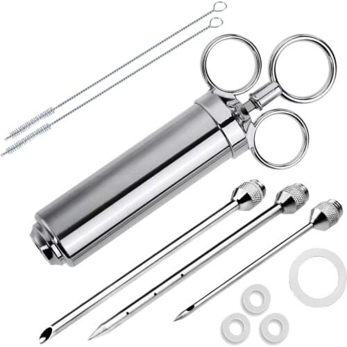 Meat Injector Syringe 2-oz Marinade Flavor Injector 304 Stainless Steel with 3 Professional Needles,2 Cleaning Brushes and 4