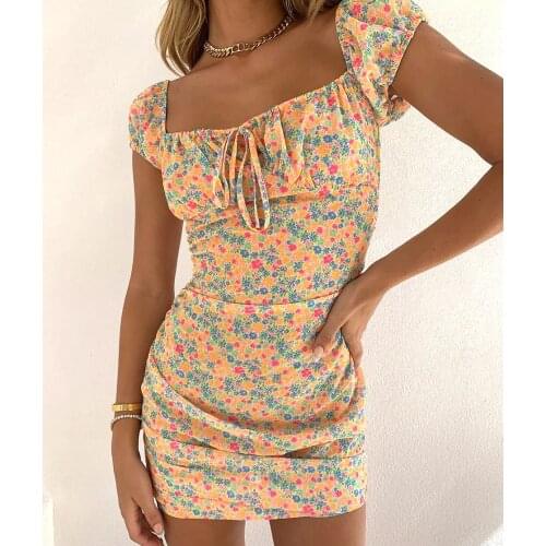 Summer Sweet Floral Mini Bodycon Dress Women Short Pencil Dress Fashion Lady Puff Sleeve Square Collar Lace-up Dresses