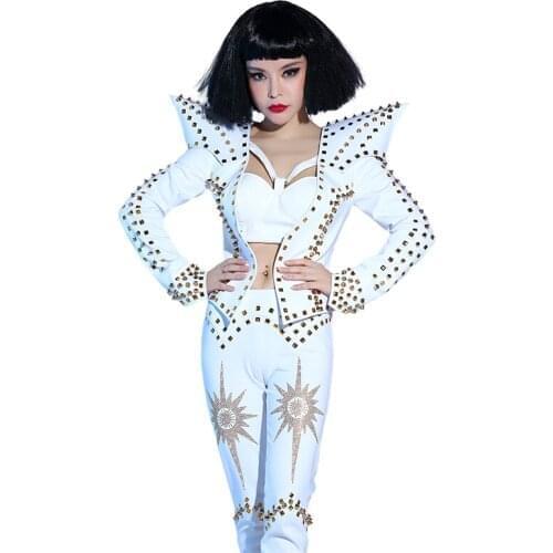Women New Bar Nightclub Female Singer DJ White Punk DS Rivet Costume three-piece Stage Costume Sexy (Jacket+pants+underwear)