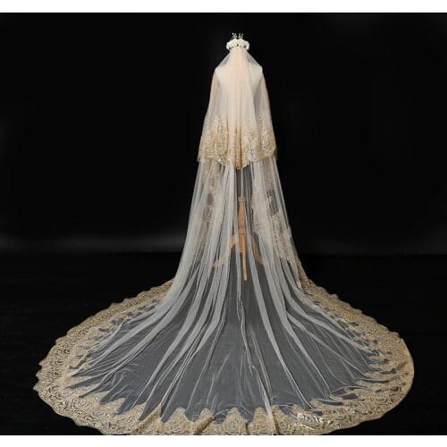 Top Quality Champagne Wedding Veils 3*3.5m Long Bridal Veils Floral Applique 2 layers Tulle with Comb