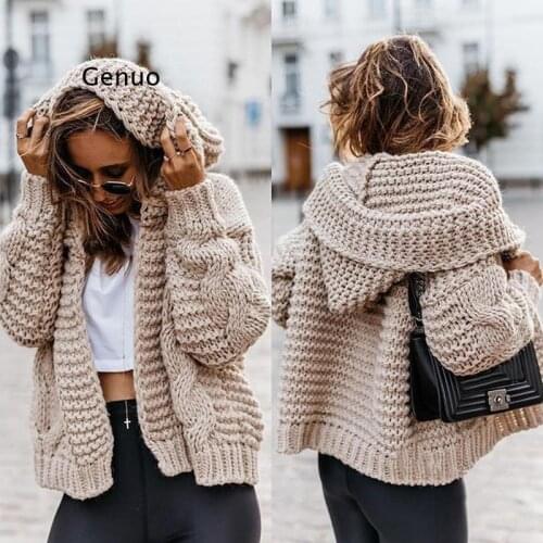 Solid Cardigan Knitted Outerwear Casual Winter Fashionable Hooded Sweaters 2021 Women Knitwears Autumn Womens Sweaters
