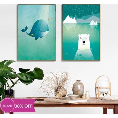 Lovely Minimalist Cartoon Whale Polar Bear Posters Canvas painting Cute Animal Wall Decorative Picture No Frame For Baby Bedro